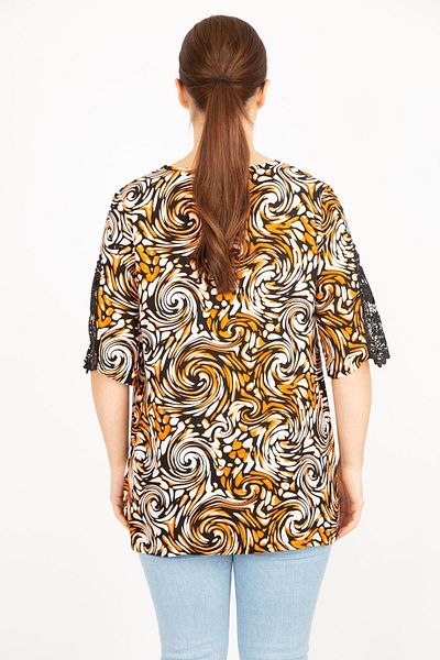 Şans Women's Orange Large Size Woven Viscose Fabric Sleeves Lace Detailed V-Neck Blouse 65n35898