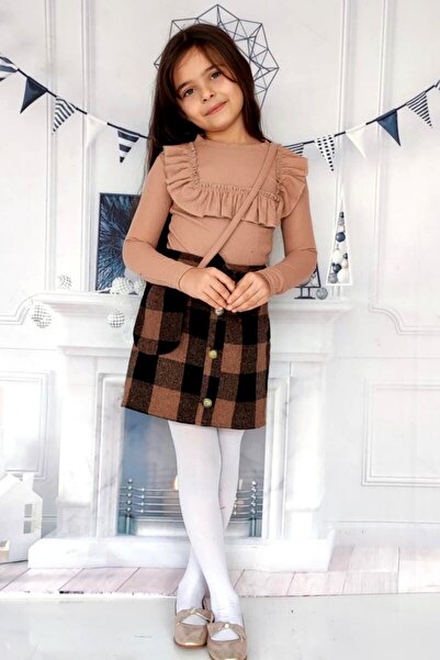 ELAFOR Kız Çocuk Etekli Takım-üst Kaşkorse Etek Pamuklu Çanta Dahil