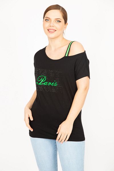 Şans Women's Black Plus Size Blouse with Stone and Strap Detail 65n35909