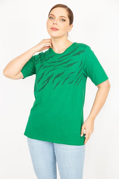 Şans Women's Green Plus Size Crew Neck Front Printed Blouse 65n35897