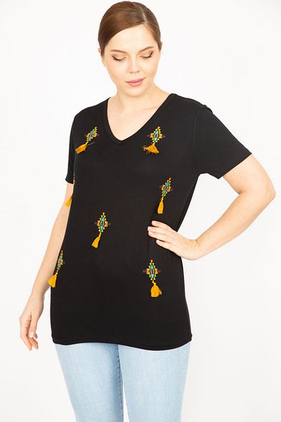 Şans Women's Black Plus Size Embroidery and Tassel Detailed V-Neck Blouse 65n35913