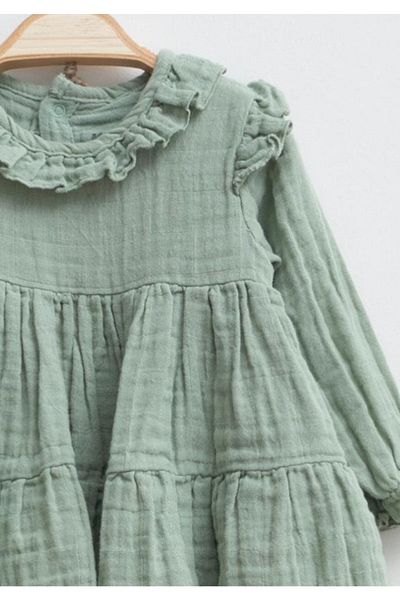 CFR Kids Baby Girl Soft Woven Organic Cotton Green Muslin Dress Holiday