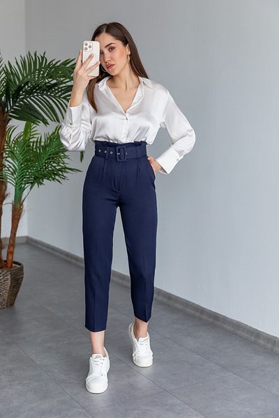 Neşeli Butik High Waist Belted Women's Trousers - Navy Blue Qns040