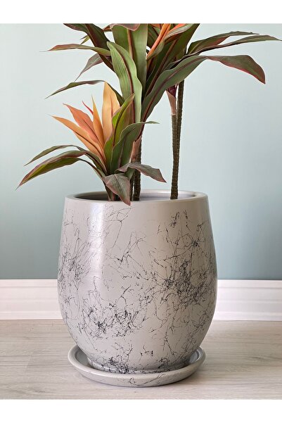 odka 10litre Armut Saksı Tabaklı Yükseklik:25cm Çap:20cm Granit Mermer Desenli