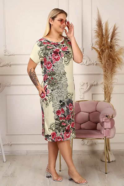 Neşeli Butik Γυναικείο φόρεμα βισκόζης μεγάλου μεγέθους με τσέπες Aysl44 - Μπεζ