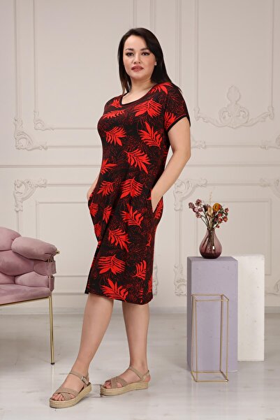 Neşeli Butik Women's Flexible Viscose Plus Size Dress Aysl58 - Red