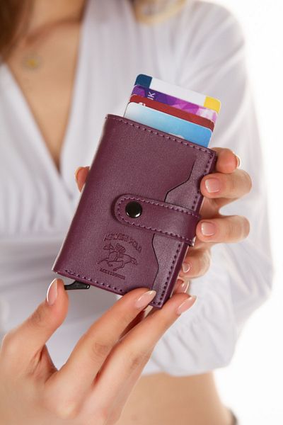 Newish Adelina Purple Nova Leather Mechanism Snap Card Holder Wallet (7CMX10CM)