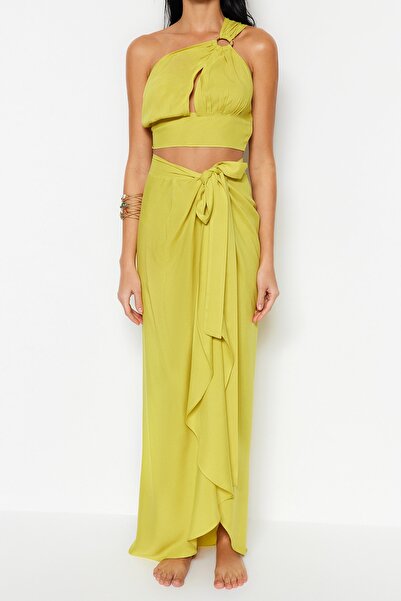 Trendyol Collection Oil Green Single Shoulder Blouse Skirt Set with Woven Accessories TBESS23AU00133