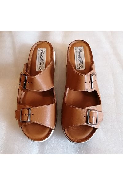 Butik Tülin شبشب نسائي من الجلد الطبيعي بلون أسمر مخطط مزدوج بإبزيم معدني قابل للتعديل من الجلد الناعم التشريحي غير قابل للانزلاق ونعل بولي