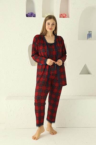 SEBOTEKS Rope Strap Plaid Guipure Detailed 3-Piece Pajama Set with Dressing Gown 2039
