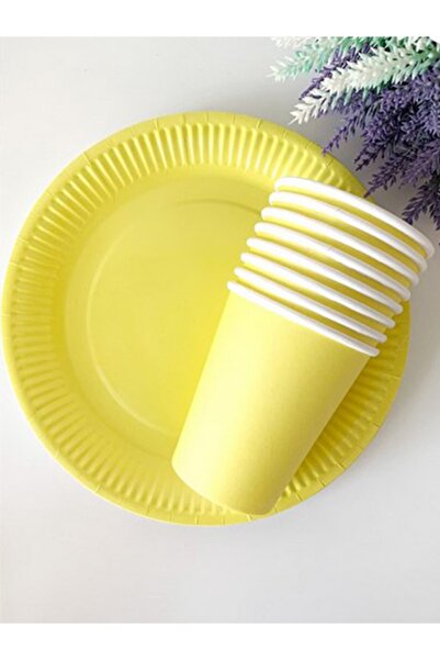 parti pera Sarı Makaron Pastel Karton Tabak Bardak Set 8 Li