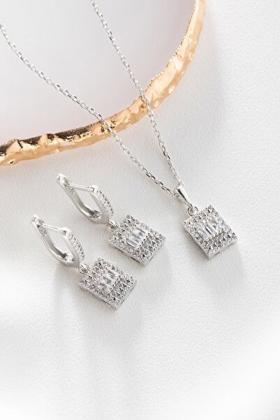 Silvano Jewelry 925 Ayar Gümüş Baget Taşlı Kolye Küpe Seti