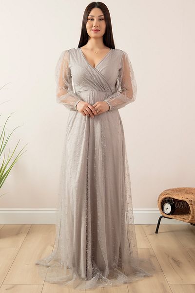 PULLIMM Rochie de seară lungă din dantelă cu sclipici cu decolteu dublu 13336