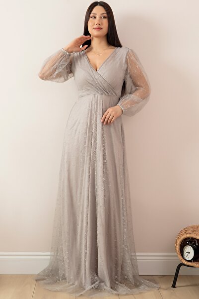 PULLIMM Круговий комір з мереживом, довга вечірня сукня 13336