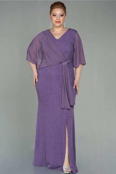 Abiyefon Lavender Short Sleeve Long Silvery Plus Size Evening Dress Abu2857