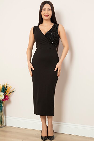 PULLIMM Βραδινό φόρεμα μίντι με λαιμόκοψη με λεπτομέρεια 13343