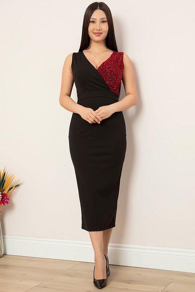 PULLIMM Double Breasted Collar Sequin Detailed Midi Evening Dress 13343