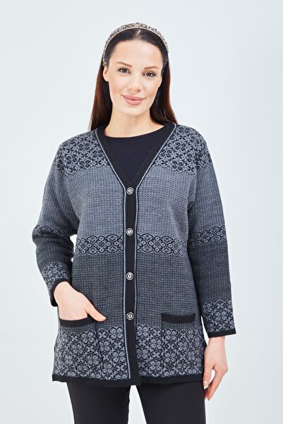 Modanezya سترة شتوية نسائية منقوشة باللون الأسود والرمادي وجيب بأزرار