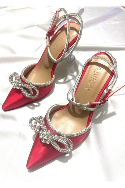 TrendyAnka Women's Red Satin 8 cm Transparent Heeled Bow Stone Ankle Wrap Pointed Toe Evening Dress Shoes