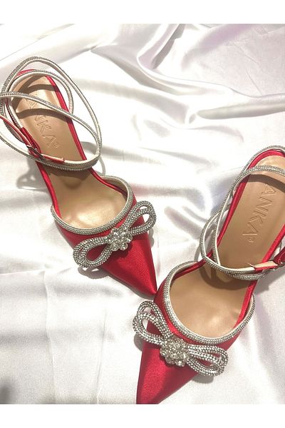 TrendyAnka Women's Red Satin 8 cm Transparent Heeled Bow Stone Ankle Wrap Pointed Toe Evening Dress Shoes