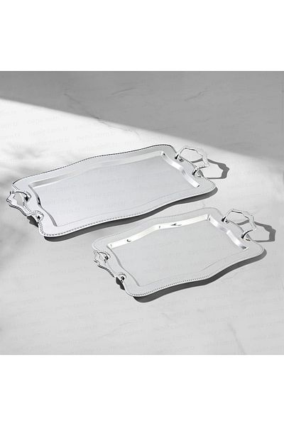 Nehir Chain 2 Pcs Stainless Steel Tray Tea and Coffee Tray - Service Tray 2 Sizes