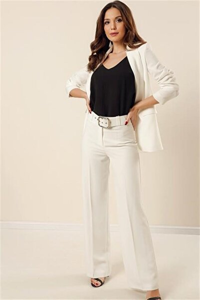 Canseven Fashion Beli Kemerli Bol Paça Yüksek Bel Kumaş Pantolon