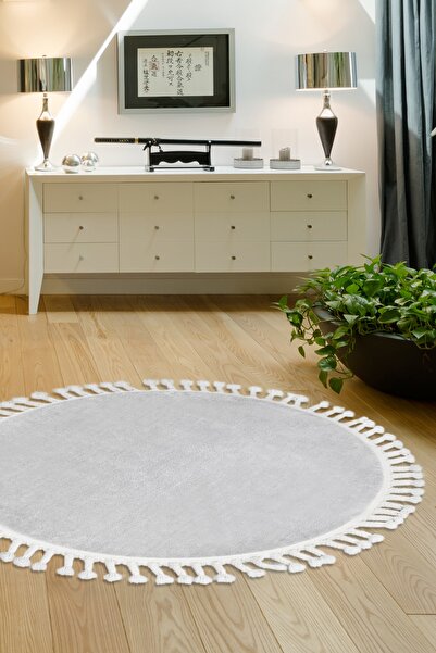 Dijidekor سجادة حمام قطيفة من الصوف مستديرة رمادية فاتحة مضادة للبكتيريا مقاس...