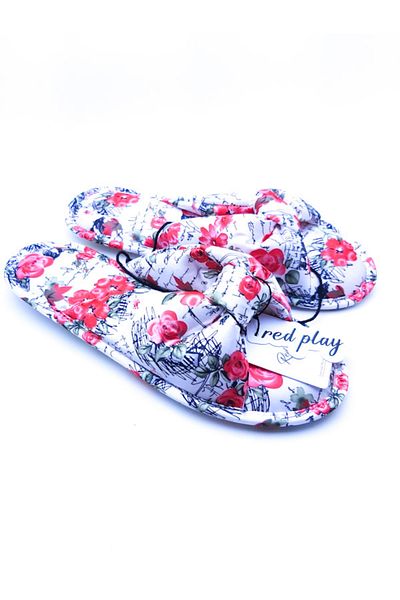 RedPlay Women's Indoor Slippers Satin Fabric Flower Patterned White
