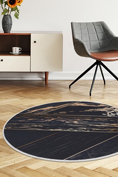 Dijidekor سجادة حمام قابلة للغسل بسجادة مستديرة رقمية بدون حواف ذهبية سوداء م...