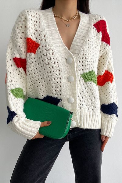 FEMELLE Women's V-Neck Openwork Standard Size Knitted Knitwear Cardigan