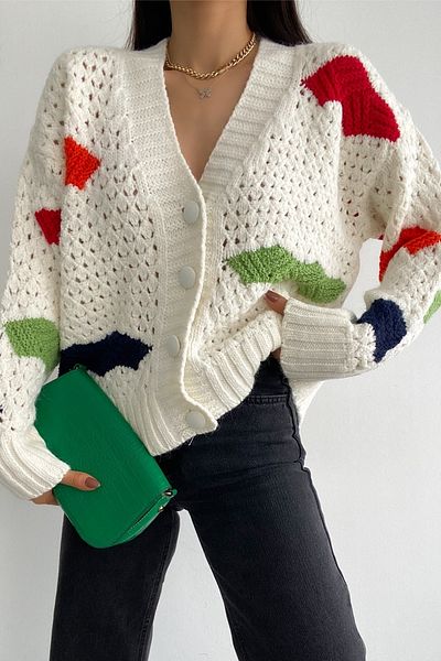 FEMELLE Women's V-Neck Openwork Standard Size Knitted Knitwear Cardigan