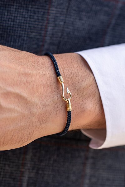 Cenova Jewelry 14 Ayar Altın Lacivert Silikon Erkek Bileklik