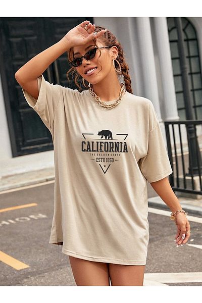 CMKTEKS Μπλουζάκι Unisex California 1850 με εμπριμέ μπεζ Oversize Crew Neck Basic T-shirt