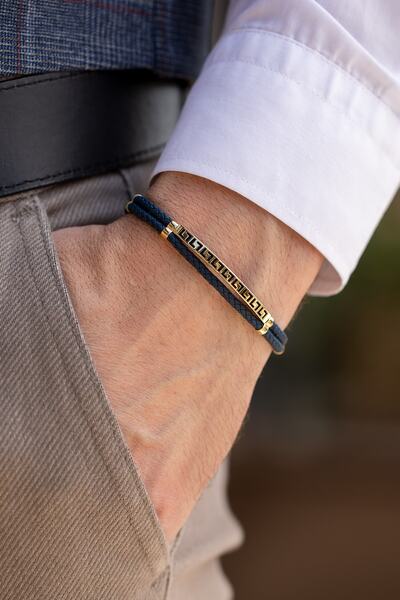 Uşaklıhafız 1945 14 Ayar Altın Lacivert Deri Görünümlü Kauçuk Tasarım Bileklik