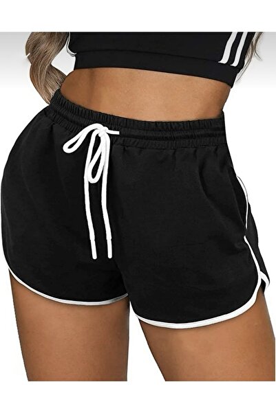 BYMEER Kadın Siyah Düz Beli Lastikli Şeritli Biyeli Cepli Spor Şort
