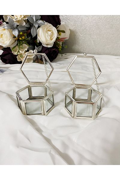 dermethane Ring Holder Double Promise Δαχτυλίδι αρραβώνων Ring Holder, Ring Riser Ασημί γκρι χρώμα, γυαλί με τεχνητά τριαντάφυλλα