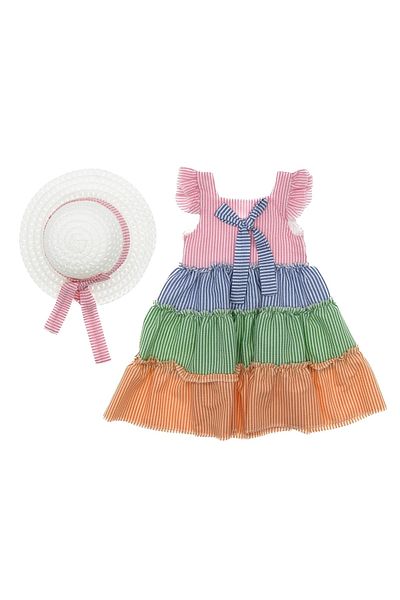UMKEM Rochie pentru copii cu fața și pălărie cu dungi colorate, 5-10 ani
