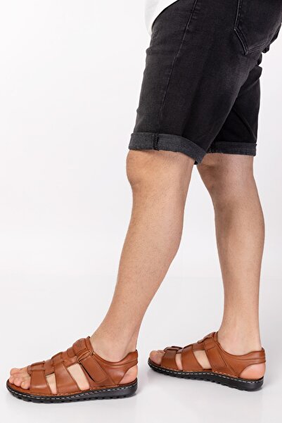 Akgün Terlik Men's Tan Genuine Leather Orthopedic Sole Comfortable Sandals