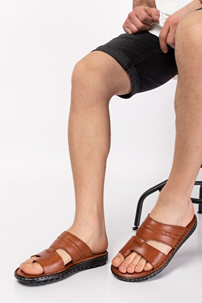 Akgün Terlik Men's Genuine Leather Flip Flops Orthopedic Sole Comfortable Slippers