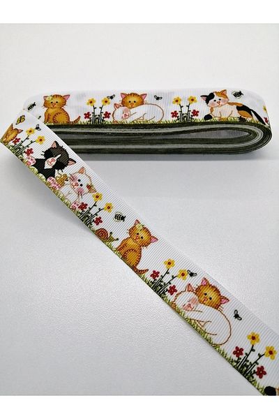 GELD Panglică Grosgrain cu Motiv Pisică Albă 2,5 Cm 3 Metri – Panglică