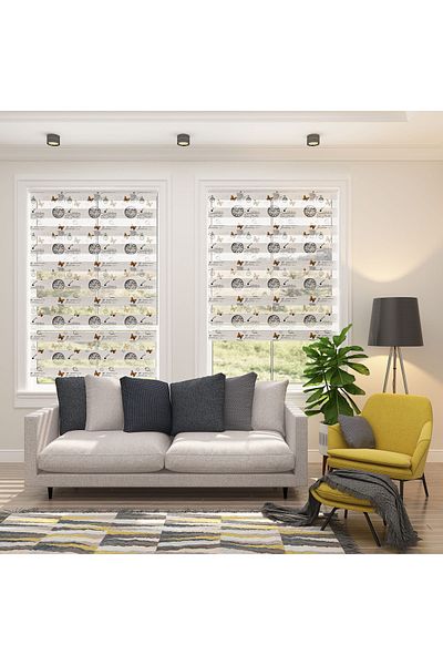 Turuncu Dizayn Gray Butterfly Clock Patterned Digital Printed Zebra Roller Blinds for Kitchen and Living Room
