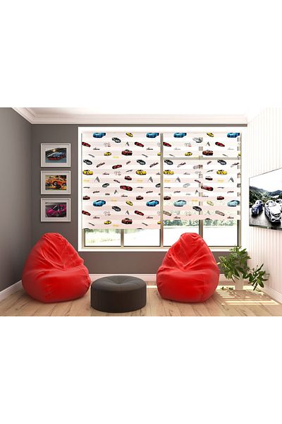 Turuncu Dizayn Blue Street Racing Cars Patterned Zebra Roller Blinds - for Children's Room and Playroom