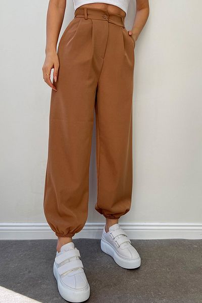 fehika Women's Brown Pleated Elastic Leg High Waist Cargo Jogger / Balloon Pants
