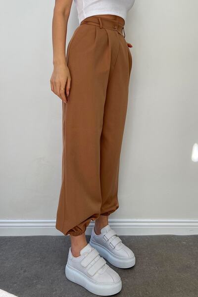 fehika Women's Brown Pleated Elastic Leg High Waist Cargo Jogger / Balloon Pants