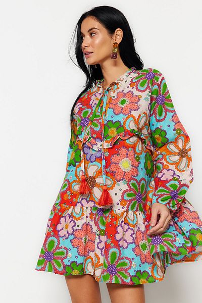 Trendyol Collection Wide Fit - Floral Print Mini Beach Dress 100% Cotton Tbess22El0017