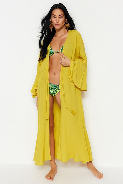 Trendyol Collection Ölgrüner gewebter Maxi-Kimono und Kaftan mit Raffung TBESS23KM00105