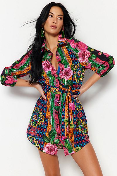 Trendyol Collection Floral Patterned Belted Mini Woven Balloon Sleeve 100% Cotton Beach Dress TBESS23EL00293