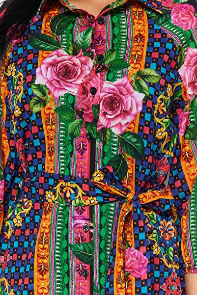 Trendyol Collection Virágmintás öves mini szövött ballon ujjú 100% pamut strandruha TBESS23EL00293