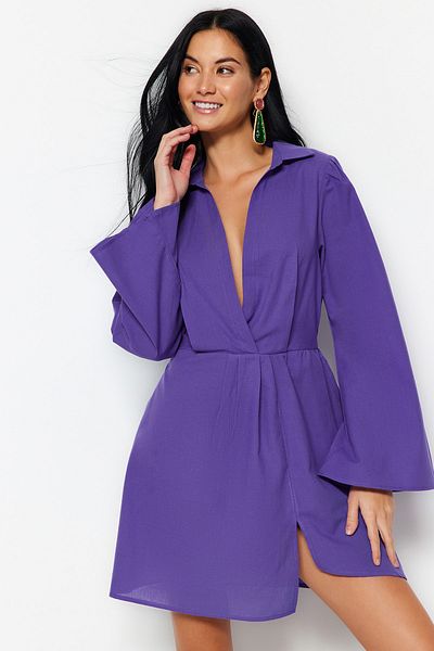 Trendyol Collection Fialové mini tkané plážové šaty ze 100% bavlny TBESS23EL00289