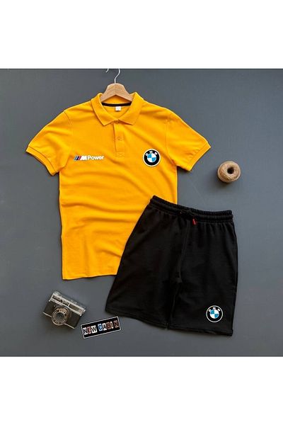 NewCabin New Season Trend Summer BMW Printed Polo Collar T-shirt - Shorts Combination Bottom Top Set 2 Pieces